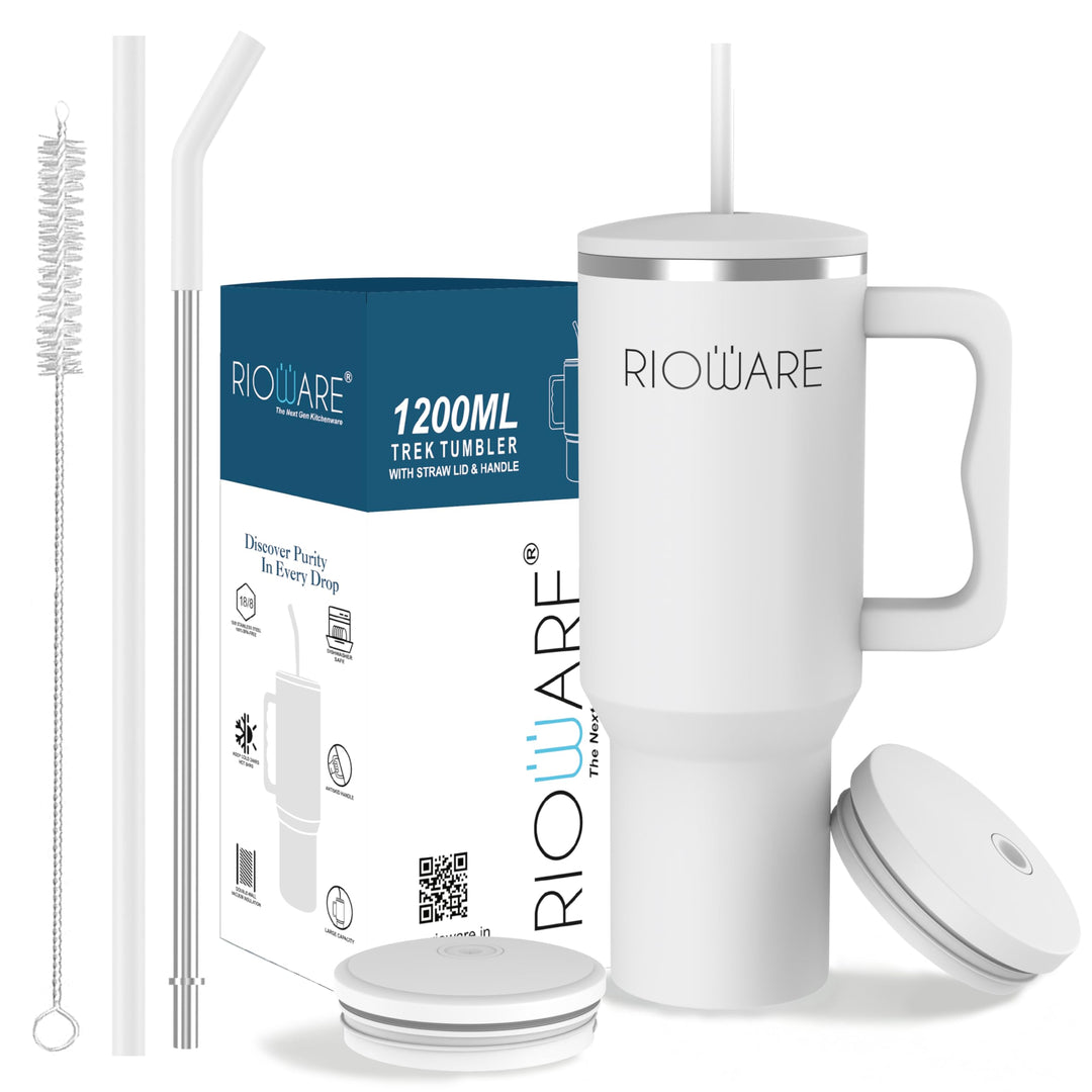1200 ML Stainless Steel Tumbler Hot and Cold with Handle and 2 Lid and 2 Straw with Silicone Sleeve, Double Insulated Cup 100% Leak Proof Mug Cupholder for Gym, Travelling