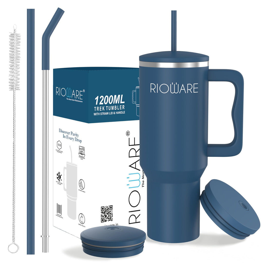 1200 ML Stainless Steel Tumbler Hot and Cold with Handle and 2 Lid and 2 Straw with Silicone Sleeve, Double Insulated Cup 100% Leak Proof Mug Cupholder for Gym, Travelling