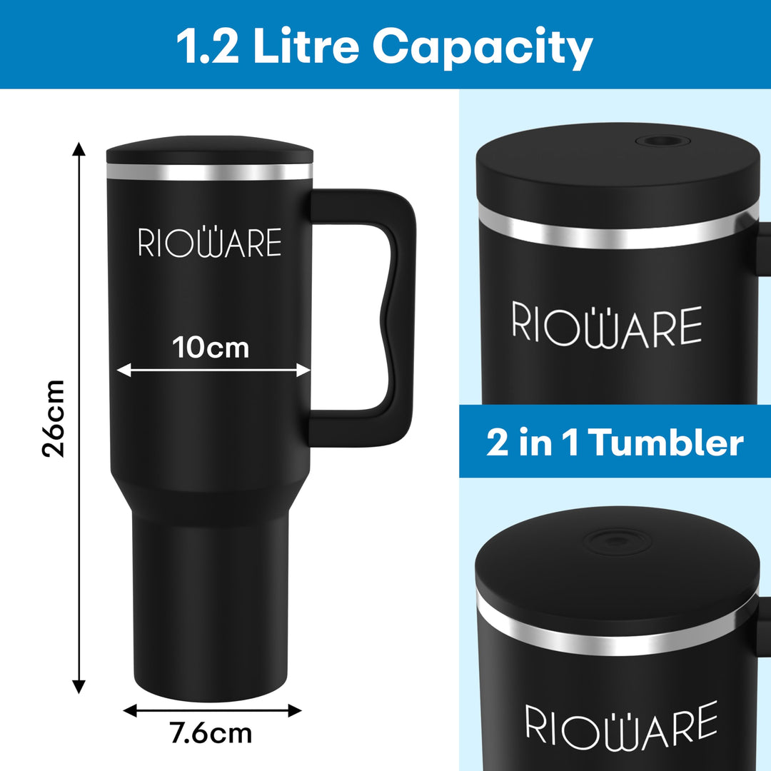 1200 ML Stainless Steel Tumbler Hot and Cold with Handle and 2 Lid and 2 Straw with Silicone Sleeve, Double Insulated Cup 100% Leak Proof Mug Cupholder for Gym, Travelling