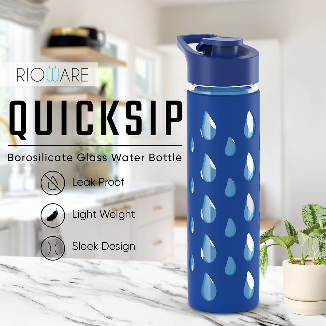 Rioware® Quicksip Borosilicate Glass Water Bottle with Silicon Sleeve (550ml) | Airtight lid | Leak Proof | Silicon Cap | Fridge Water Bottles for Home, Office & Gym -Pack of 01(Green)