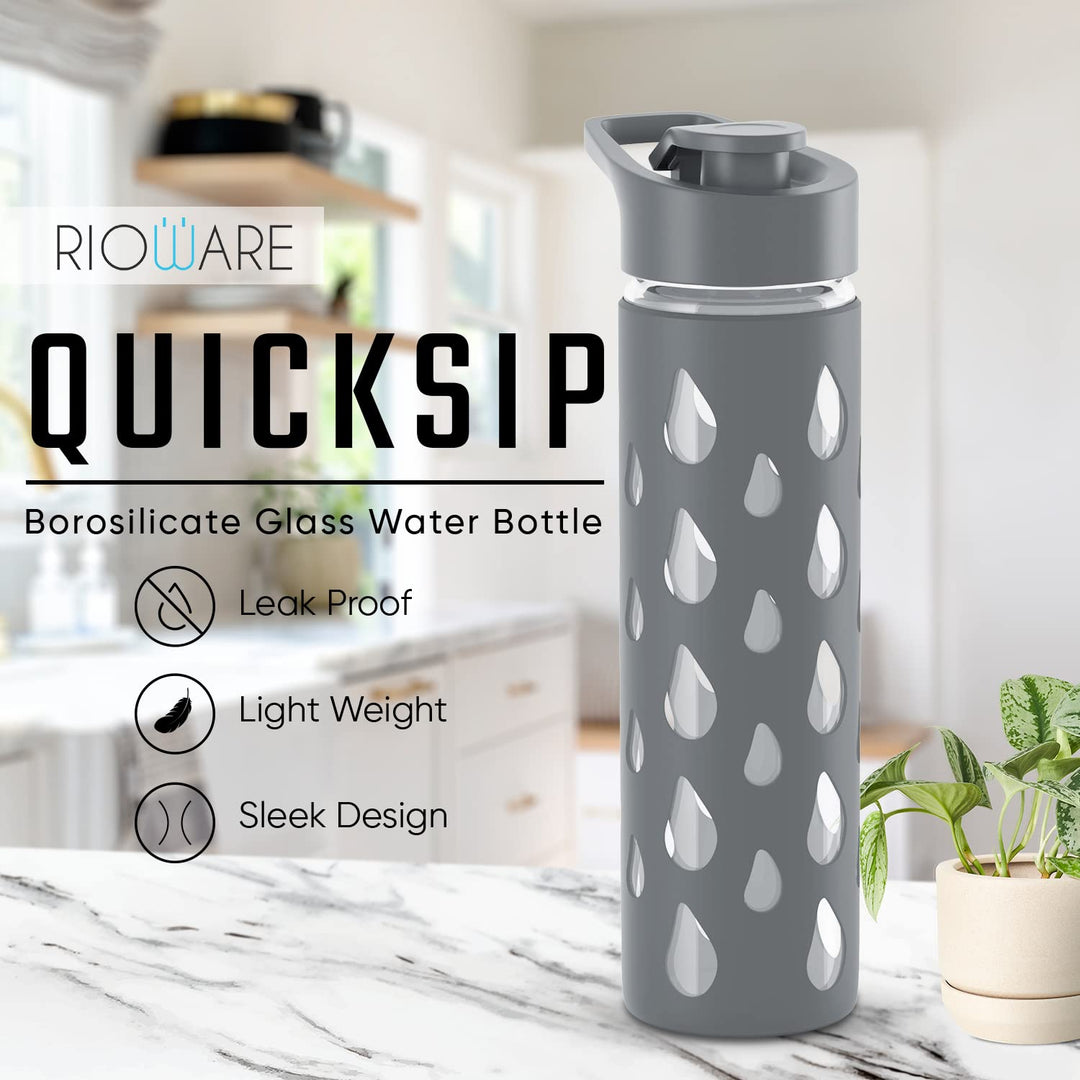 Rioware® Quicksip Borosilicate Glass Water Bottle with Silicon Sleeve (550ml) | Airtight lid | Leak Proof | Silicon Cap | Fridge Water Bottles for Home, Office & Gym -Pack of 01(Green)