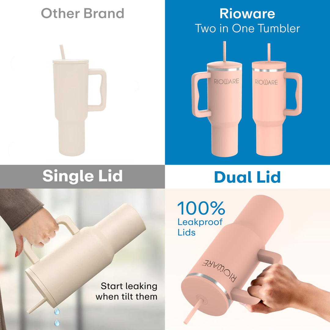 1200 ML Stainless Steel Tumbler Hot and Cold with Handle and 2 Lid and 2 Straw with Silicone Sleeve, Double Insulated Cup 100% Leak Proof Mug Cupholder for Gym, Travelling