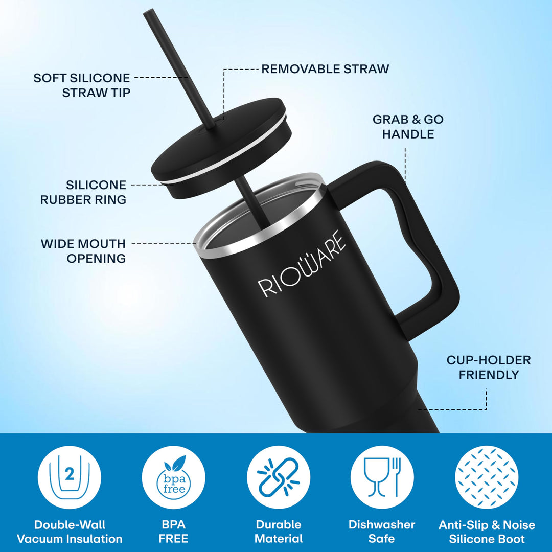 1200 ML Stainless Steel Tumbler Hot and Cold with Handle and 2 Lid and 2 Straw with Silicone Sleeve, Double Insulated Cup 100% Leak Proof Mug Cupholder for Gym, Travelling