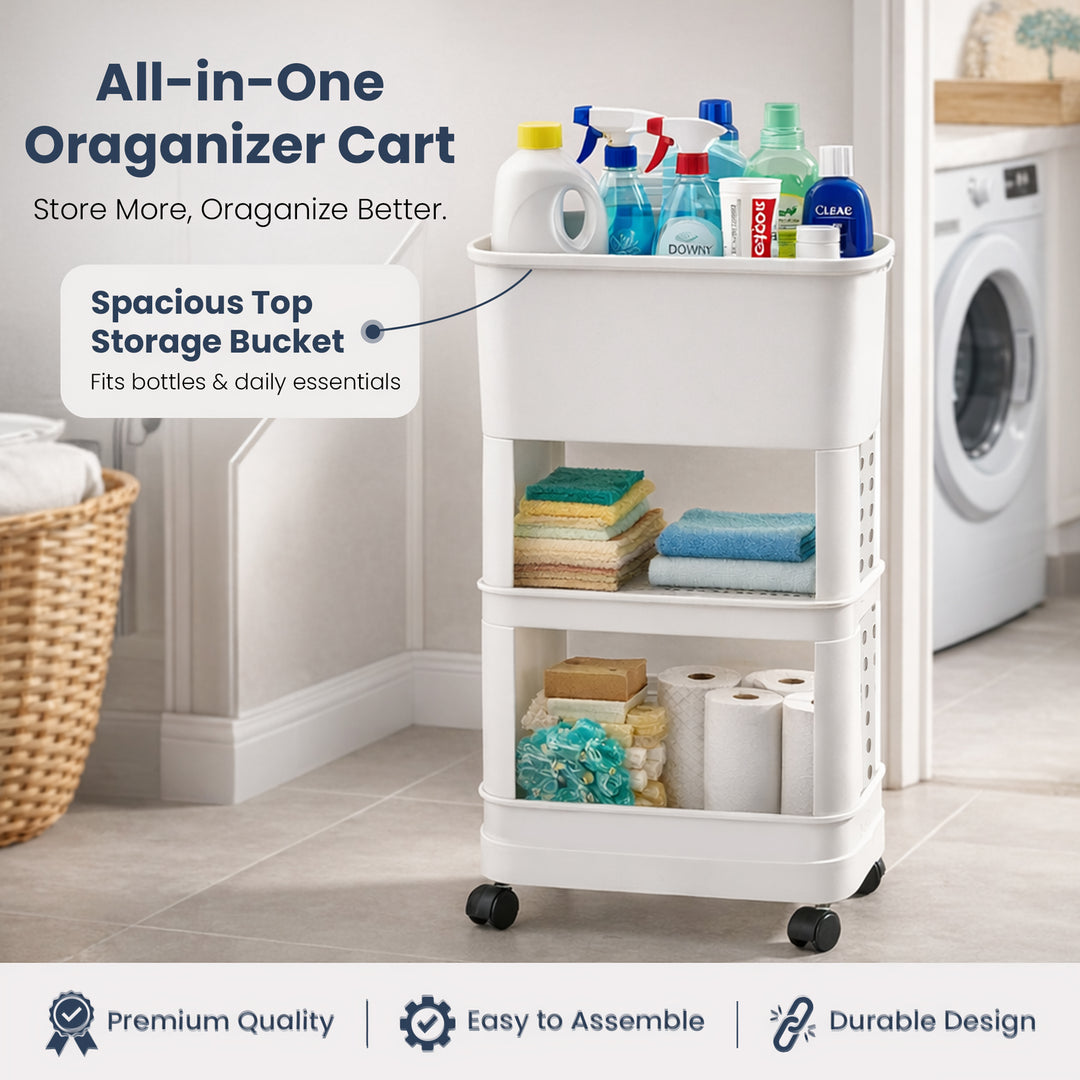Rioware 3 Tier Slim Storage Trolley with Wheels & Top Lid | Plastic Rolling Organizer Cart for Home, Office, Bedroom, Kitchen, Bathroom, Laundry | Space Saver Plastic Rack