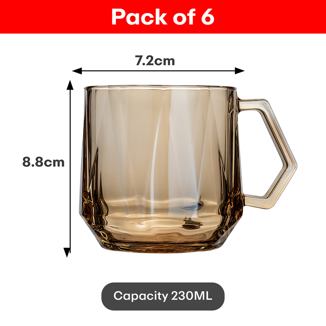 Rioware Clear Round Shaped Glass Coffee Cup, Glassware Tea Cup, Tea Cups for Hot Beverages with Handle, Transparent Glass Tea Cup Set for Coffee, Tea, Milk - 6 Pieces, White, 250 ml