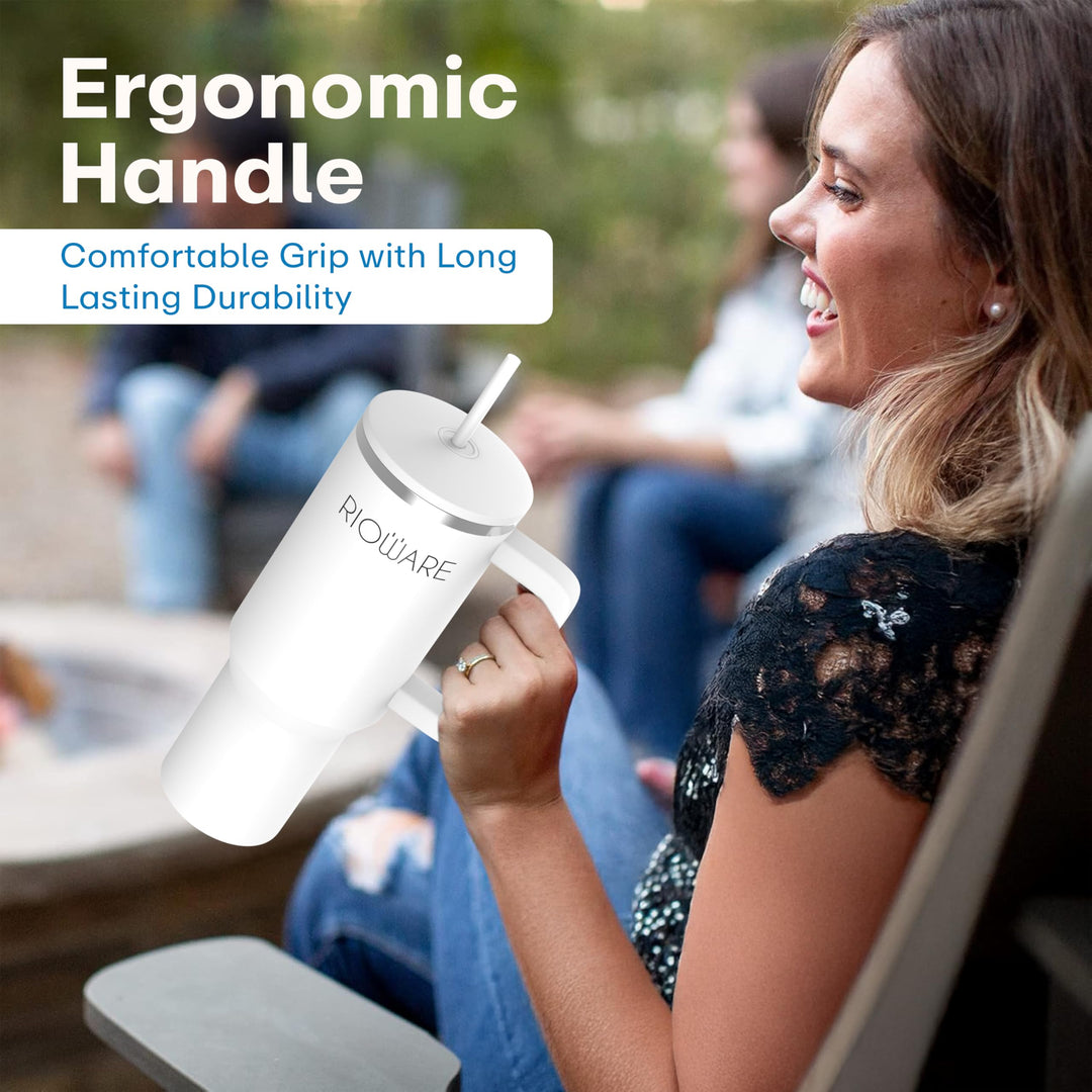 1200 ML Stainless Steel Tumbler Hot and Cold with Handle and 2 Lid and 2 Straw with Silicone Sleeve, Double Insulated Cup 100% Leak Proof Mug Cupholder for Gym, Travelling