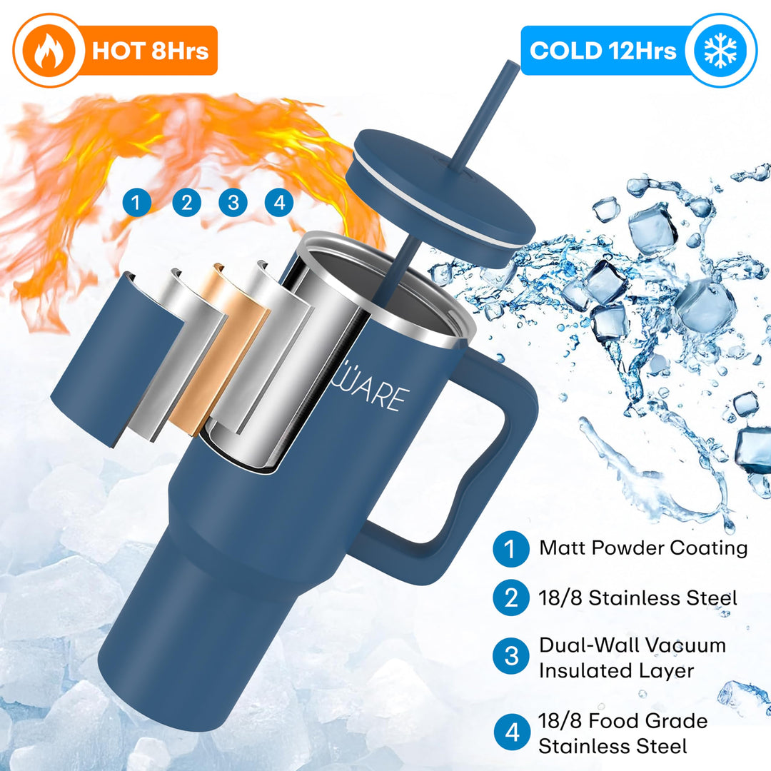 1200 ML Stainless Steel Tumbler Hot and Cold with Handle and 2 Lid and 2 Straw with Silicone Sleeve, Double Insulated Cup 100% Leak Proof Mug Cupholder for Gym, Travelling