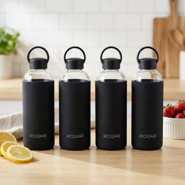 Aquashot Borosilicate Glass Water Bottle With Silicon Sleeve 750ml Black