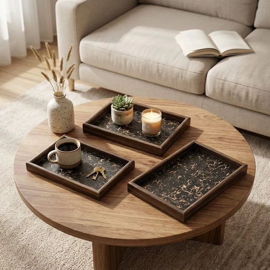 Serving Wooden Trays Black Marble Set of 3