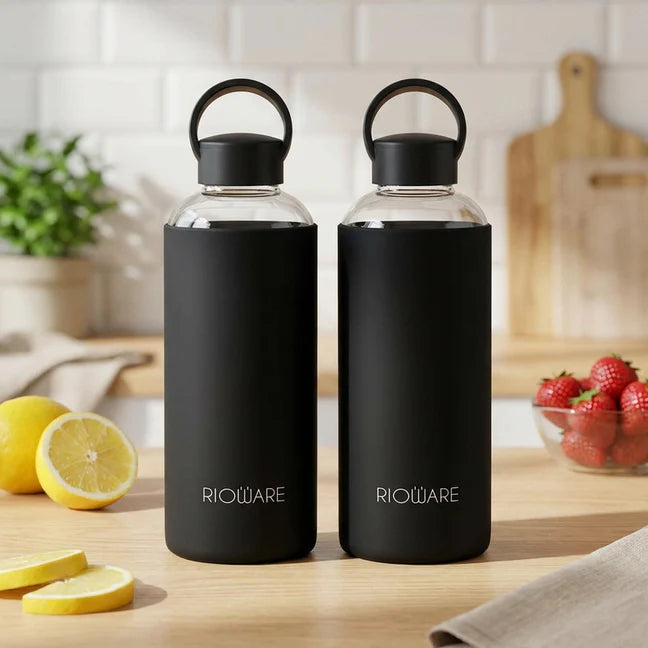 Aquashot Borosilicate Glass Water Bottle With Silicon Sleeve 750ml Black