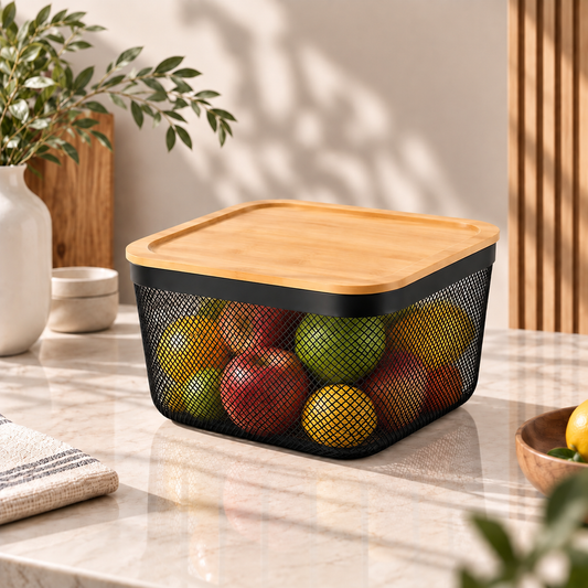 Bamboo Lid Metal Mesh Storage Basket