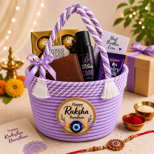 Handcrafted Cotton Rope Rakhi Gift Basket – Purple