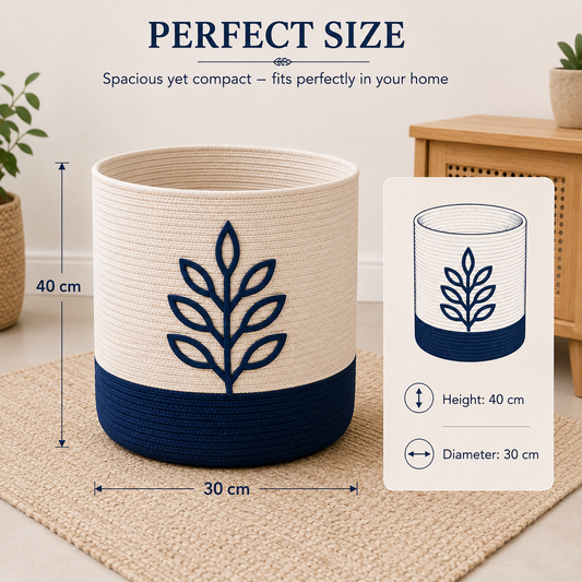 Navy Blue Leaf Cotton Rope Basket