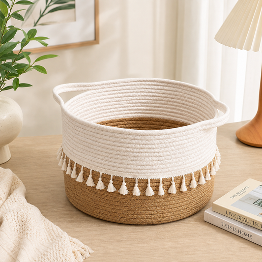 Round Woven Cotton Tassel Basket