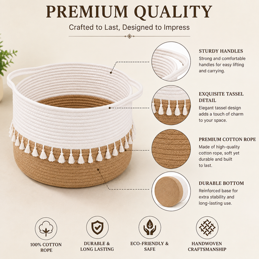 Round Woven Cotton Tassel Basket