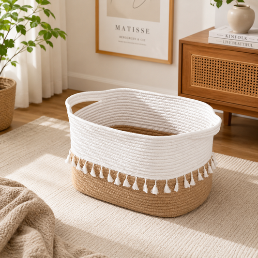 Oval Woven Cotton Tassel Basket