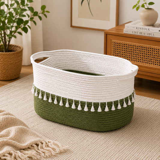 Oval Woven Cotton Tassel Basket