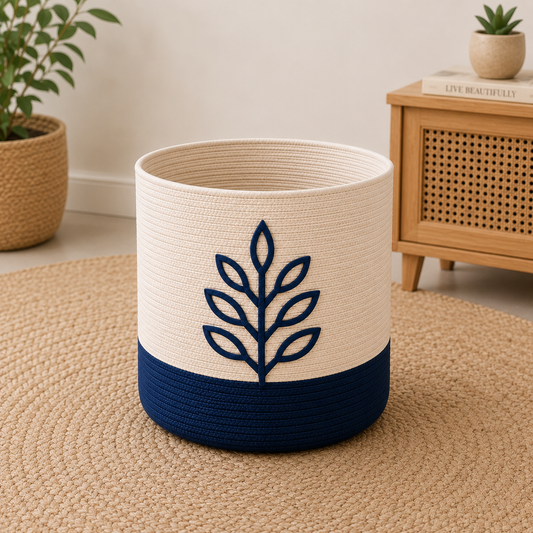 Navy Blue Leaf Cotton Rope Basket