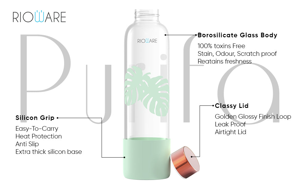 Rioware® Purifa Borosilicate Glass Water Bottle with Silicon Sleeve (750ml) | Airtight lid | Leak Proof | Silicon Cap | Fridge Water Bottles for Home, Office & Gym -Pack of 01(Green)