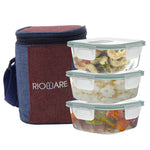 Load image into Gallery viewer, Premium Glass Lunch Box Square Set - Set of 3 (320ml each) - Microwavable, Transparent - Includes Lunch Bag - BPA-Free Food Containers
