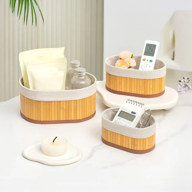 RIOWARE Natural Bamboo Storage Rectangular Basket Bins Organizer, Pack of 3
